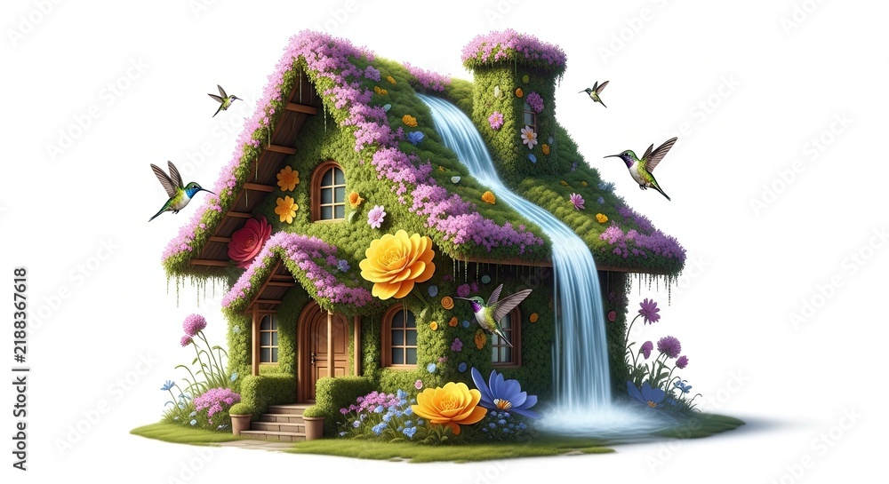 Fototapeta premium Whimsical Cottage With Waterfall and Hummingbirds Stock Image