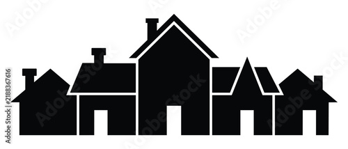 Bild auf Leinwand Black silhouette of diverse residential houses with different rooflines and chimneys representing neighborhood community and residential property development