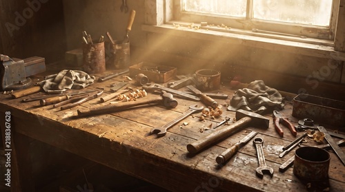 Cluttered wooden workbench filled with vintage metal hand tools