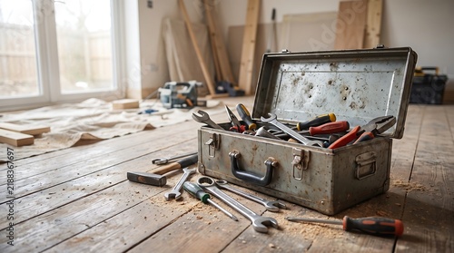 Old metal toolbox with scattered hand tools on wooden floor boards
