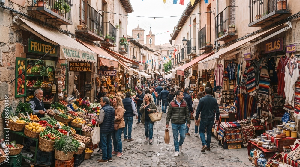 Obraz premium Bustling European Street Market with Diverse Stalls and Shoppers Enjoying Local Atmosphere