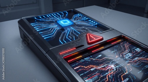 Plakat Futuristic control panel showcasing vibrant circuitry and advanced technology for innovative projects.