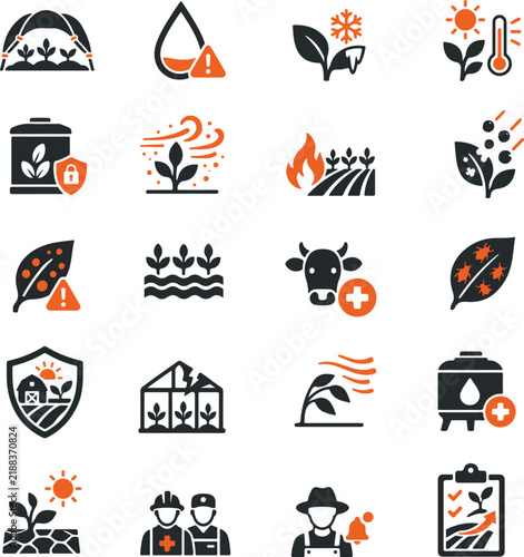 20 Agriculture Risk Icons Set Showing Crop Hazards Climate Impacts Pests Disease Irrigation Greenhouse and Farm Protection Symbols