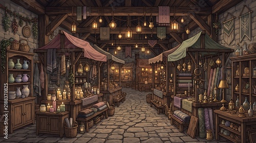Artisan market stalls with handcrafted goods and hanging lanterns in a rustic stone interior setting