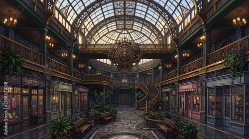 Grand Victorian style shopping mall atrium with a glass vaulted ceiling and ornate iron architecture