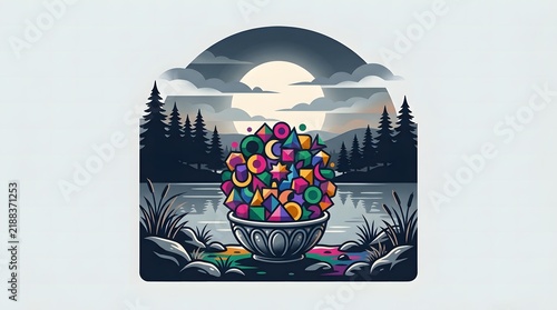 A vibrant bowl overflowing with an eclectic mix of colorful geometric shapes, nestled within a serene forest landscape at dusk, symbolizing creativity, abundance, and abstract thought