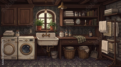 Cozy rustic laundry room interior with vintage washing machines and wooden cabinets in pixel art style