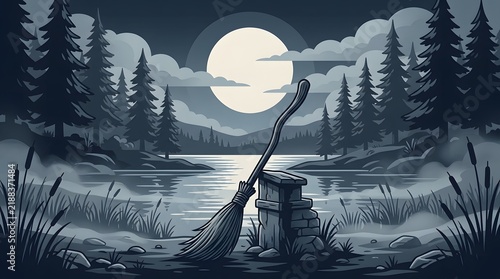 Enchanting broomstick rests by serene moonlit lake amidst dark pine forest, evoking mystical and tranquil atmosphere