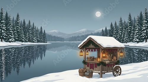 Cozy wooden holiday market stall on a snowy lakeside under a full moon winter night