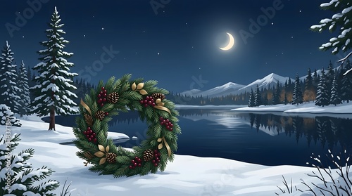 Elegant Christmas Wreath Resting on a Snowy Lakeside Landscape Under a Serene Crescent Moon at Night