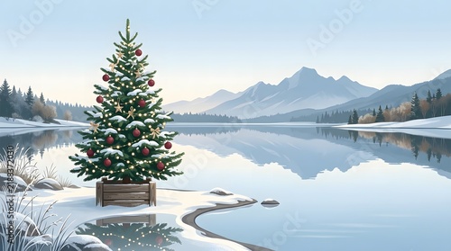 Festive Christmas tree on a snowy lakeside, adorned with ornaments, reflecting in calm waters amidst majestic winter mountains, creating a serene holiday scene