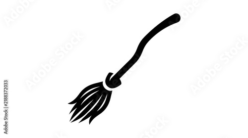 Black Silhouette Vector Icon of a Magical Flying Witch Broomstick Used for Halloween Themes and Fantasy Art Projects