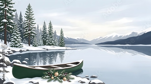 Serene Winter Landscape Featuring a Traditional Green Canoe Resting on a Snow Covered Shoreline Near a Calm Mountain Lake