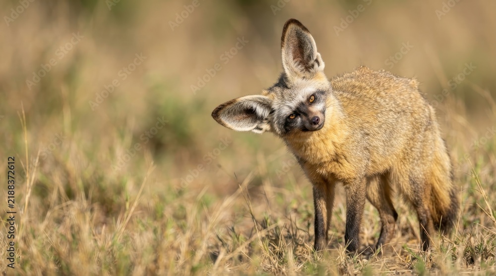 Fototapeta premium Bat-eared Fox Curiosity: A bat-eared fox with its characteristic large ears tilted curiously towards the viewer, stands in a dry, grassy savanna.