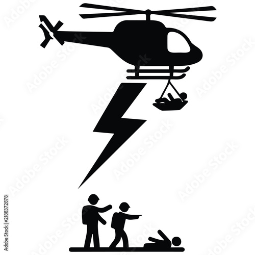Rescue helicopter vector silhouette illustration showing search emergency mission operation.