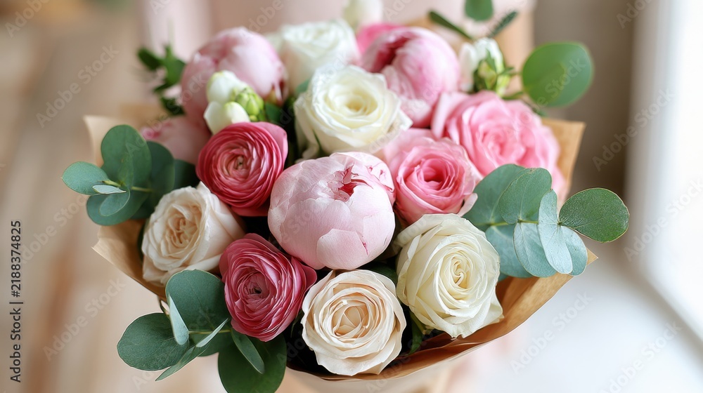 Obraz premium Fresh and Beautiful Floral Bouquet with Pink Roses, White Roses, and Green Eucalyptus Leaves Perfect for Any Occasion or Celebration