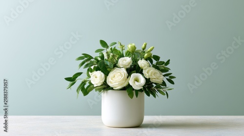 Elegant arrangement of white flowers in a modern ceramic vase against a minimalistic green background, ideal for home decor and floral design inspiration