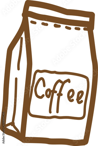 Cuadro en lienzo Hand-drawn brown line art illustration of a standing coffee bean bag with a folded top, side gusset, stitched detail, and coffee label