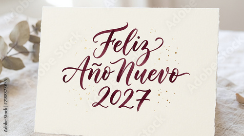 Red festive holiday card with feliz ano nuevo 2027 calligraphy