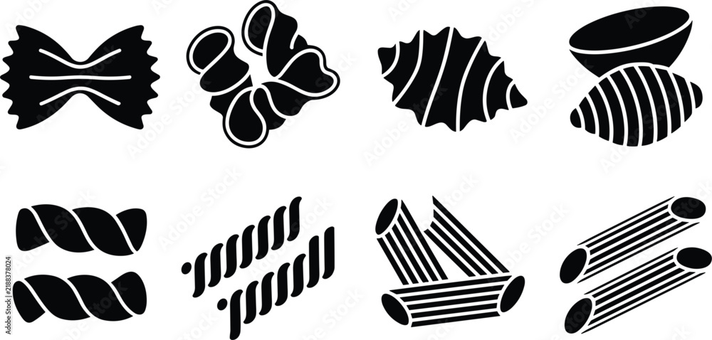 Fototapeta premium Italian pasta types silhouette icon collection set with farfalle penne fusilli conchiglie for restaurant menu vector