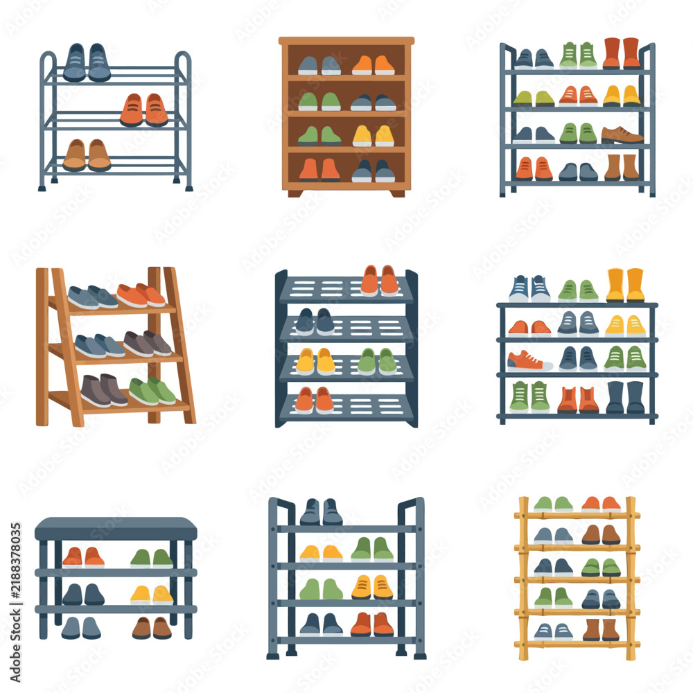 Fototapeta premium Collection of various shoe racks and shoe storage solutions.