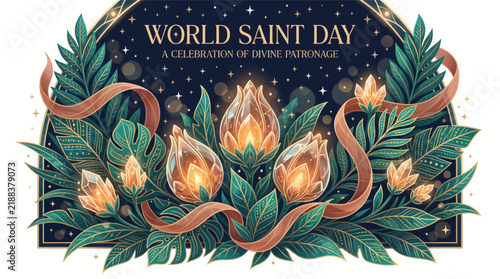 Illuminated crystalline flowers and foliage celebrating divine patronage under starry night sky with holiday