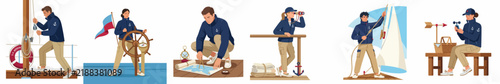 Foto Collection of nautical illustrations featuring sailors performing various shipboard tasks including steering, navigating with maps, using binoculars, and deck maintenance