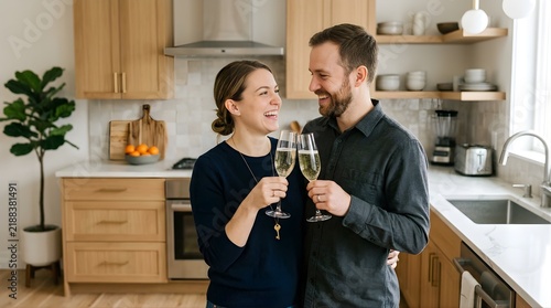 Happy couple celebrating a new home with champagne in their kitchen