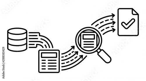 Data Export Verification Workflow Line Illustration. Enterprise Data Extraction and Information Transfer Validation Process Outline Vector Isolated on White Background