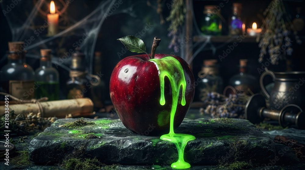 Obraz premium Halloween concept: A dark red apple with a neon-green 