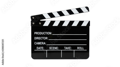 Black movie clapperboard with white stripes isolated on white background