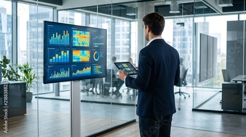 Businessman analyzing data on a tablet in a modern office with large screens displaying charts and graphs