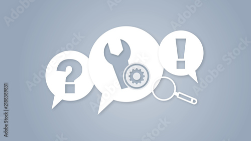 Fototapeta A conceptual illustration featuring chat bubbles with a wrench, gear, question mark, exclamation mark, and magnifying glass representing customer support, help, and problem solving.