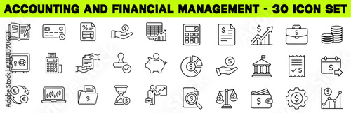 Accounting and Financial Management Solid Icon Set. Featuring Payroll, Profit and Loss, E-invoicing, and Budgeting. Editable Vector Icons for Tax and Audit Services