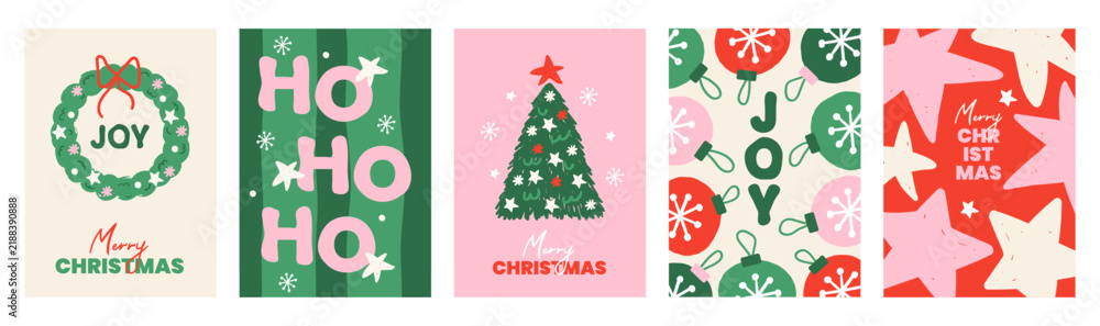 Obraz premium Christmas set of colorful festive vertical backgrounds. Season collection simple hand drawn cards, banners, prints or posters. Green, red, pink and beige colors. Vector illustration