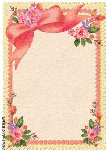 Floral vintage bow frame with watercolor flowers and delicate decorative borders on a soft textured paper background with spacious copy space for wedding invitations greeting cards stationery scrapboo
