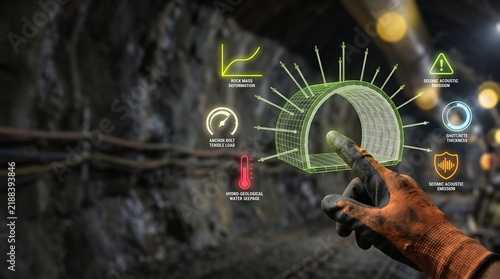 Gloved hand interacting with holographic 3d tunnel structure displays critical geotechnical data points for modern mining and civil engineering projects