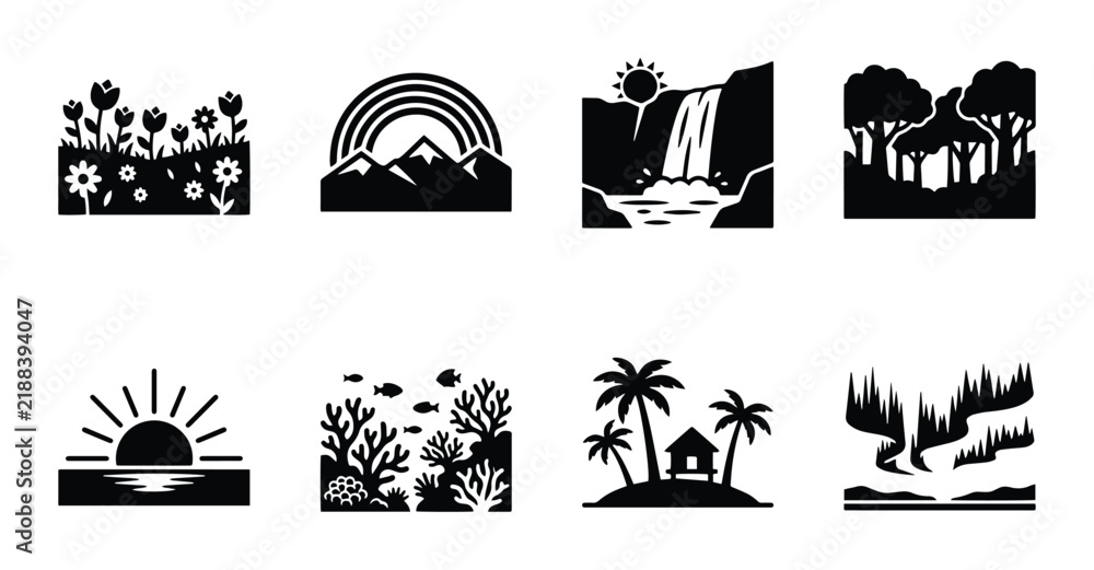 Obraz premium Nature Landscape Icons: Mountains, Waterfall, Forest, Tropical Island, Aurora, Sunrise, Flowers, Coral Reef