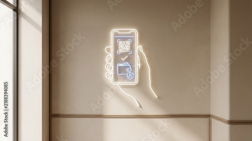 Contactless payment neon sign on wall showing mobile phone with QR code and digital wallet