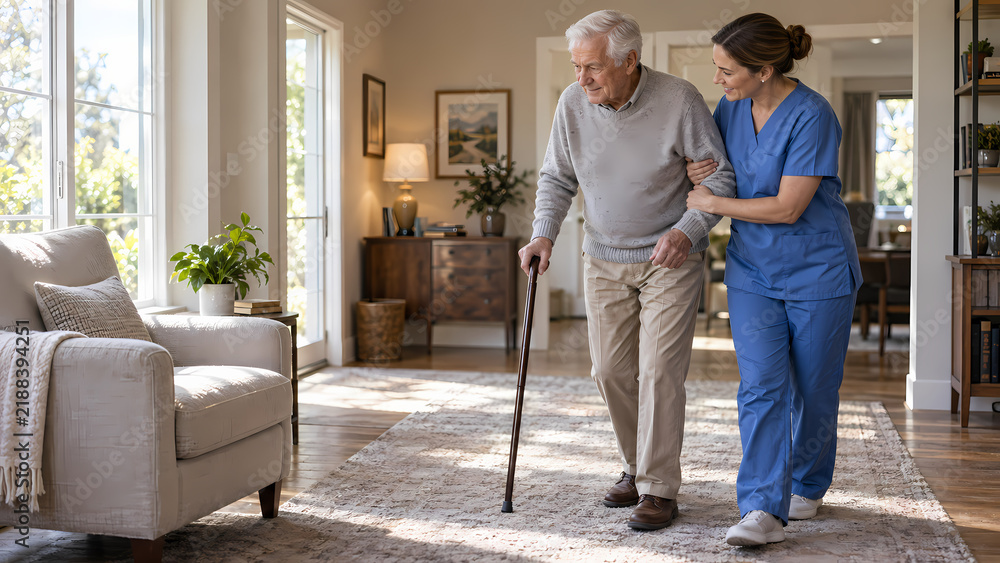 Fototapeta premium Compassionate female nurse in scrubs supports an elderly man using a cane while walking indoors at home, providing hands-on assistance for senior mobility, balance, confidence and rehabilitation care