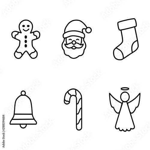 Set of simple line art icons representing Christmas symbols and characters