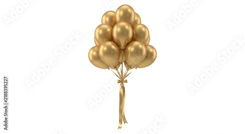A cluster of shiny golden balloons tied with a satin ribbon and bow