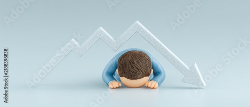 Conceptual image of a dejected businessman resting his head on a desk symbolizing declining stock market trends and economic difficulties set against a soft light blue background
