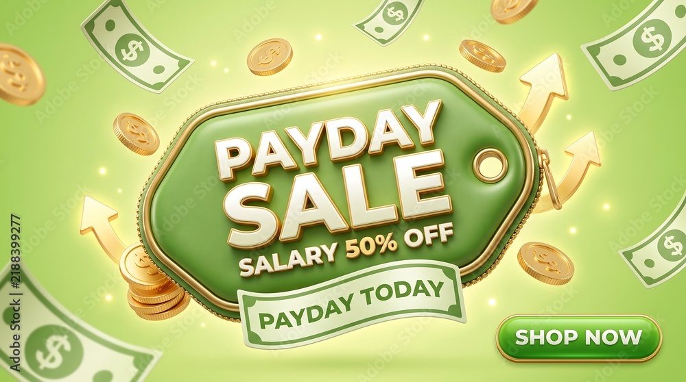 Naklejka premium Payday sale promotional tag with floating money and coins