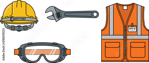 Industrial Safety Equipment and Construction Construction Tools Vector Icon Set Featuring Yellow Hard Hat Safety Goggles Adjustable Wrench and High Visibility Orange Vest