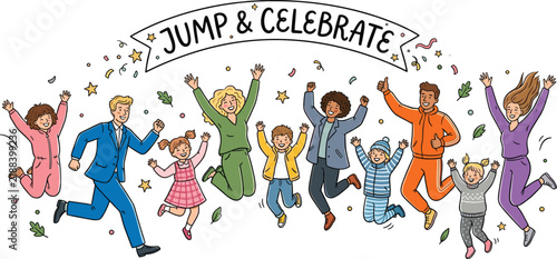 Happy Diverse Group of Adults and Children Jumping and Celebrating Together with Confetti Stars and Text Ribbon Banner Flat Character Design Vector Set