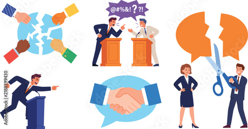 Political Debate and Business Conflict Resolution Vector Icon Set with Debating Speakers Broken Dialogue Scissors Cutting Communication Handshake and Broken Circle Symbols