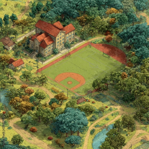 Large School Building with Red Roofs and Athletic Field Surrounded by Green Forest