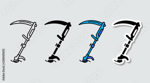 Foto Ergonomic brush clearing scythe vector icon in outline, filled, blue, and sticke