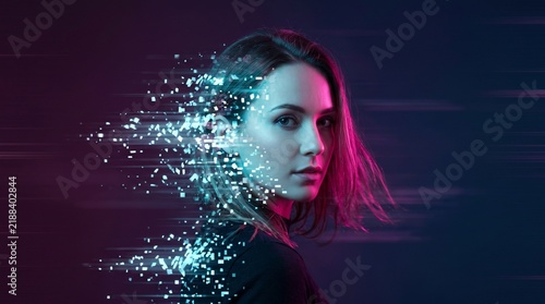 Futuristic Portrait of Woman with Digital Pixel Dispersion and Neon Light Effect